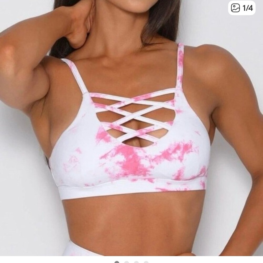 Bombshell Sportswear Pink/White Tie-Dye Sexy Back Leggings & Cross My Heart Bra - Picture 2 of 15